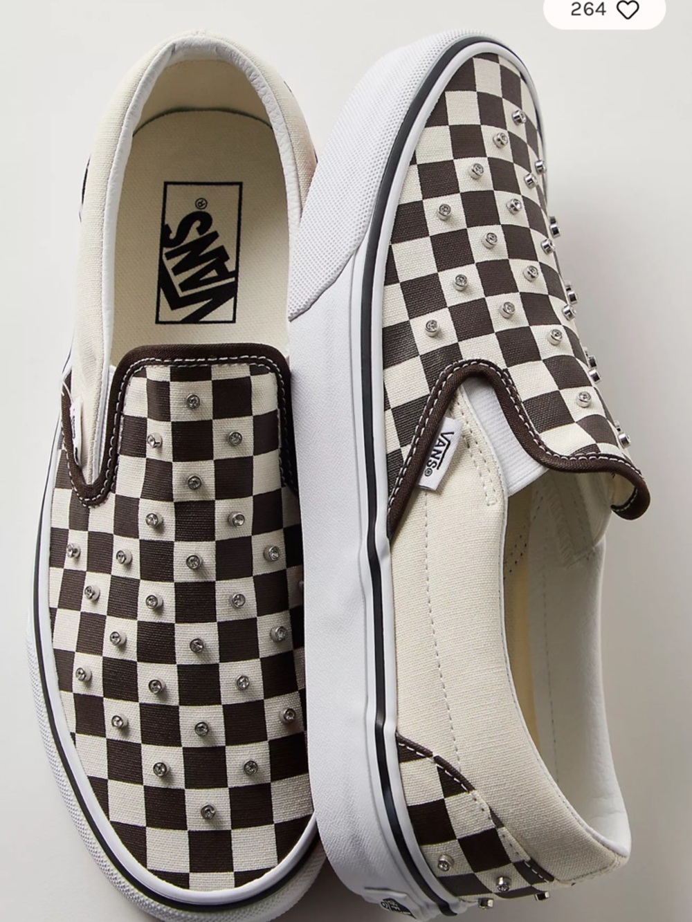 Vans Brown and White Checkerboard Slip-On Loafers with Studs